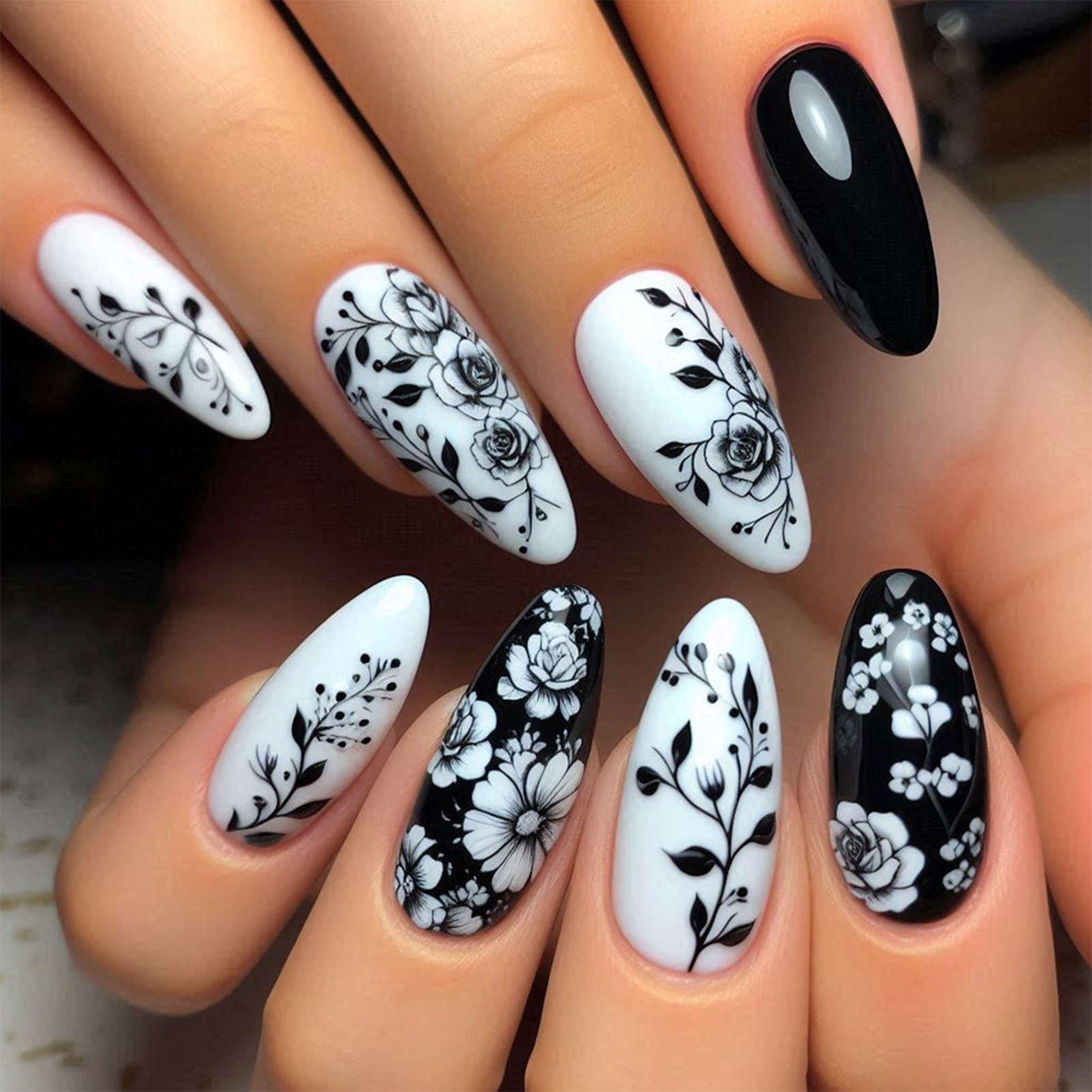 24Pcs Almond Fake Nails Black/ - Pressed Flower Art review and price