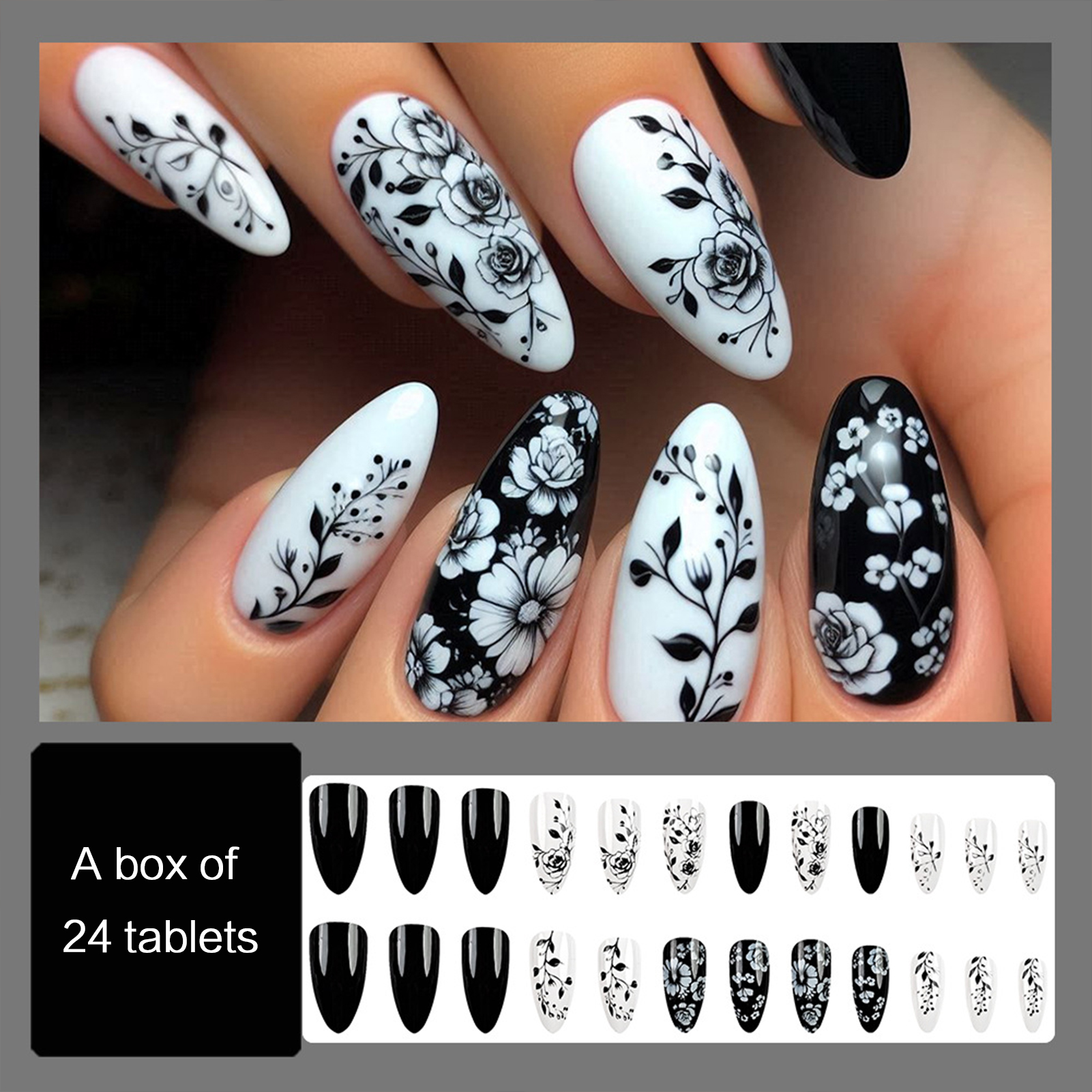 24Pcs Almond Fake Nails Black/ - Pressed Flower Art review and price