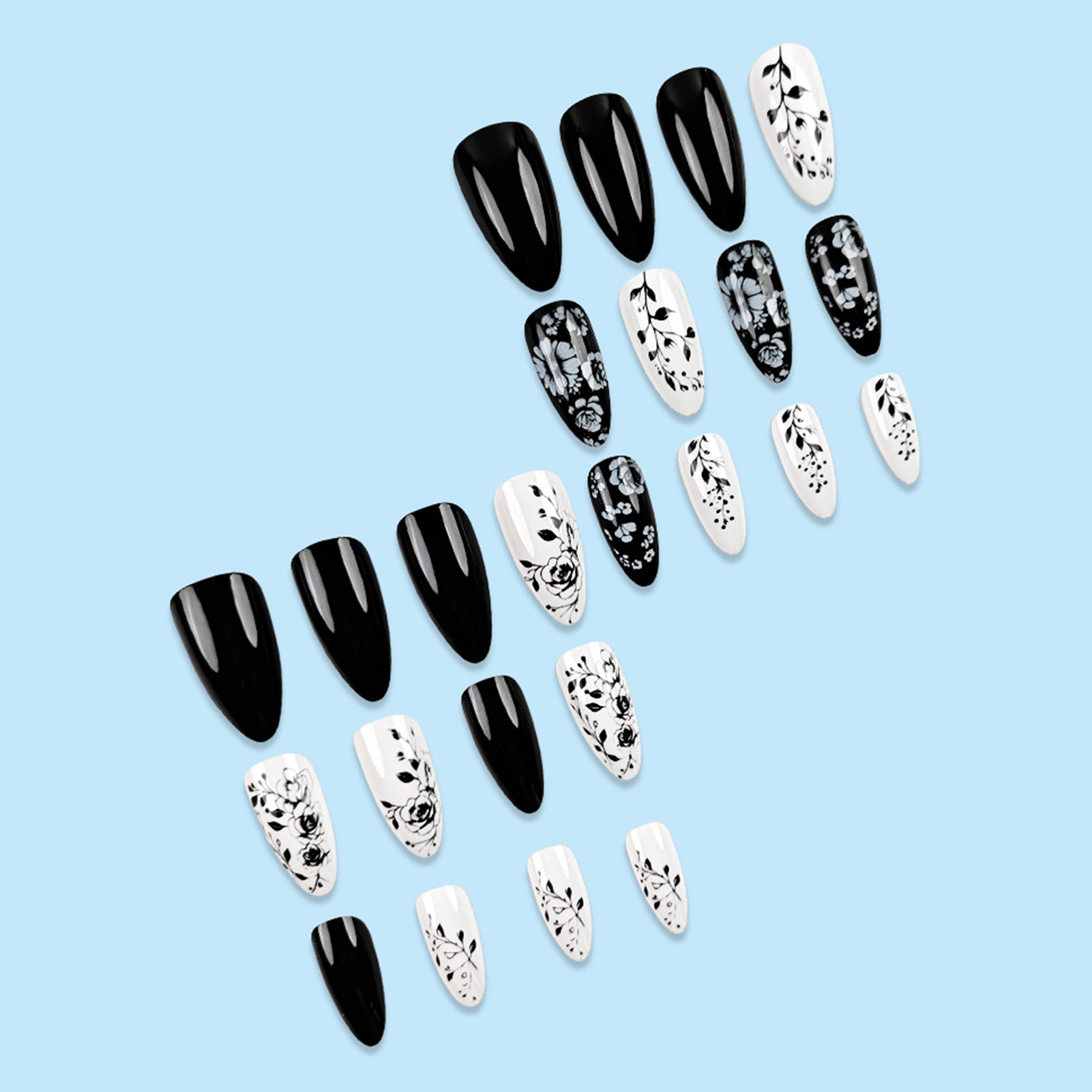 24Pcs Almond Fake Nails Black/ - Pressed Flower Art review and price