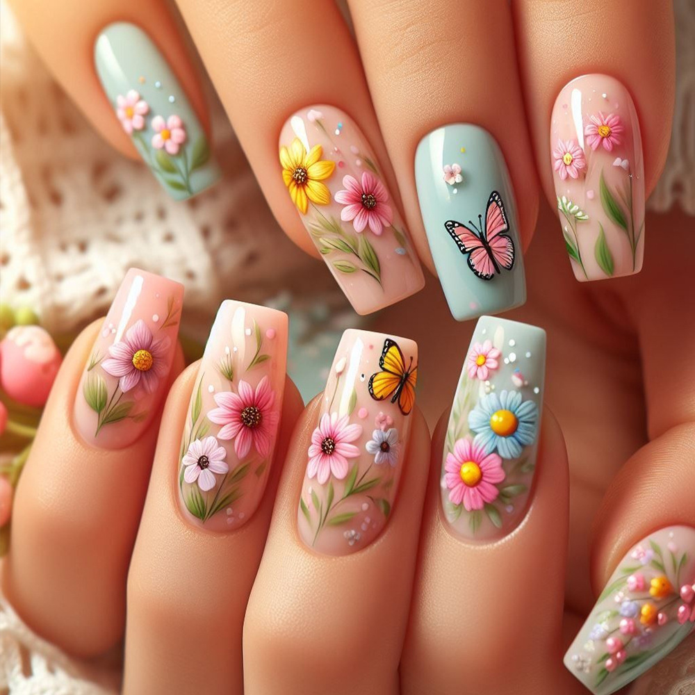Medium long fake nails gradien - Pressed Flower Art review and price