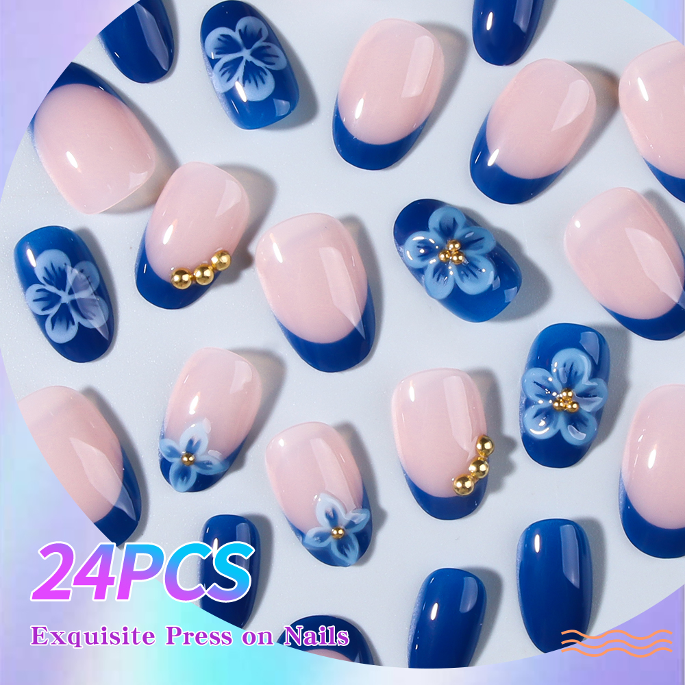 24pcs Short Oval 3D Gel Nail S - Pressed Flower Art review and price